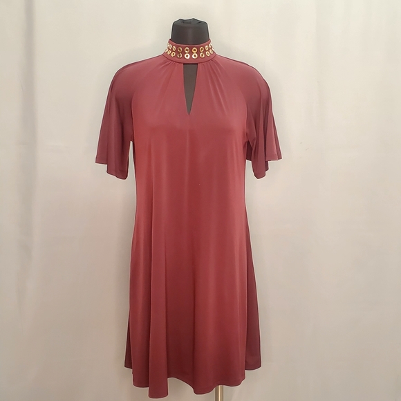Michael Kors Burgundy Dress Gold Studs Collard Elephant Ears Sleeves Size S - Picture 3 of 13